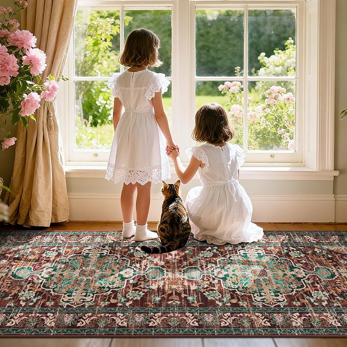U'Artlines 3' x 10' Boho Hallway Runner Rug, Washable Carpet, Rust＆Teal | Non Slip, Vintage Farmhouse Accent Area Rug Carpet, for Bedroom, Dining Room, Laundry and Living Room