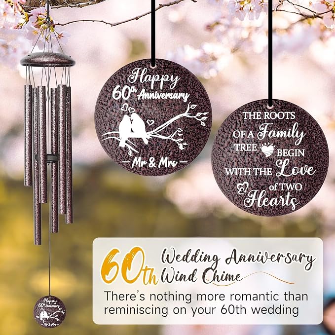 Anniversary Wind Chimes Gifts for Men Women, Happy Anniversary Decorations, 25" Wind Chimes Romantic Gift for Couple, Parents, Wife, Husband, Friends (60th