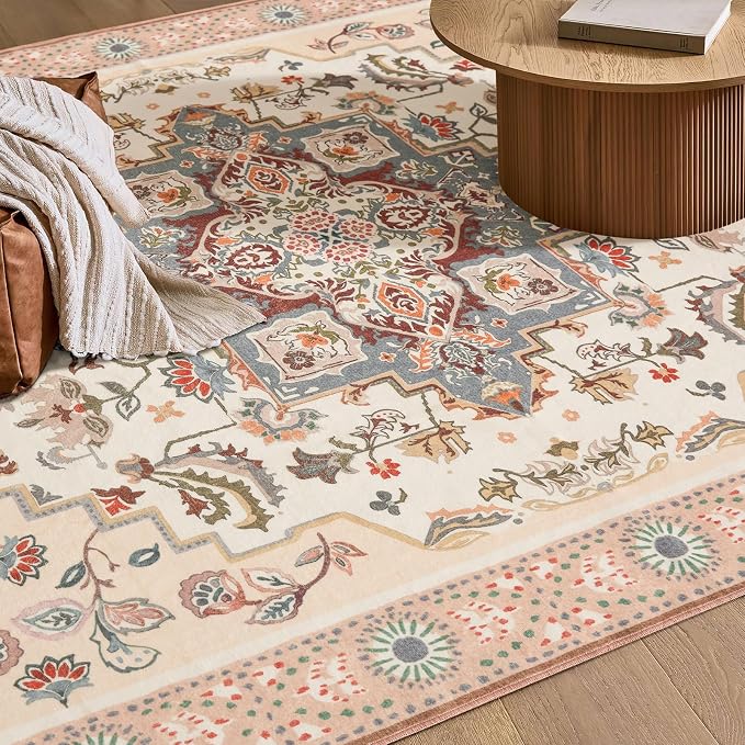 Phantoscope Washable Area Rug 5'x7' Non-Slip, Vintage Boho Rugs for Living Room, Bedroom, Dining Room, Persian Floral Medallion Pattern, Low-Pile Foldable Floor Carpet, Ivory Rose/Fall Bloom