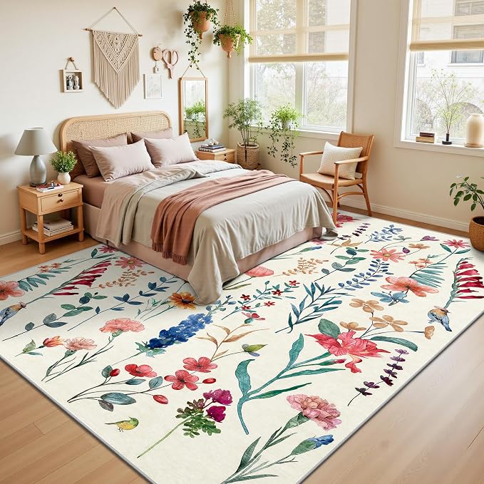 8x10 Area Rugs, Machine Washable Low Pile Floral Rugs for Living Room, Bedroom, Large Area Rug with Non-Slip Backing for Dining Room(Beige Floral)