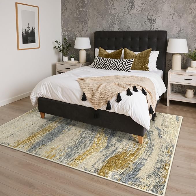 BEIMO 9x12 Washable Area Rug for Living Room, Wave Abstract Golden Beige | Soft Machine Washable Modern Rug,Streaks Pattern Non Slip Indoor Carpet for Dining Room Playroom Bedroom Office