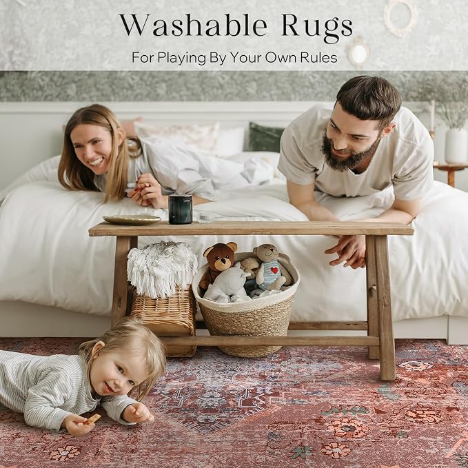 Phantoscope Washable Area Rug 6'x9' Non-Slip, Vintage Neutral Fall Rugs for Living Room, Bedroom, Dining Room, Distressed Boho Medallion Pattern, Low-Pile Foldable Floor Carpet, Rust Orange