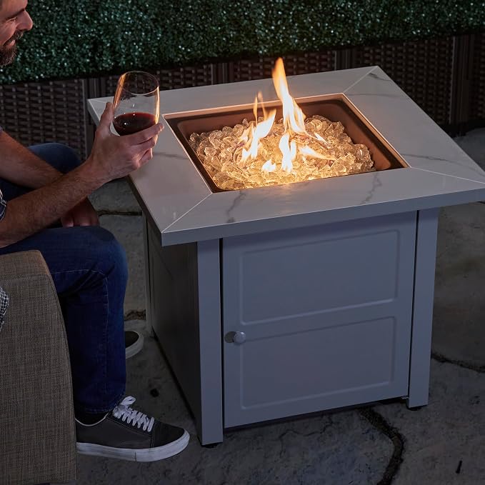Endless Summer 30" Square Outdoor Propane Fire Pit Table with Marble Mantel | Includes White Fire Glass and Protective Cover