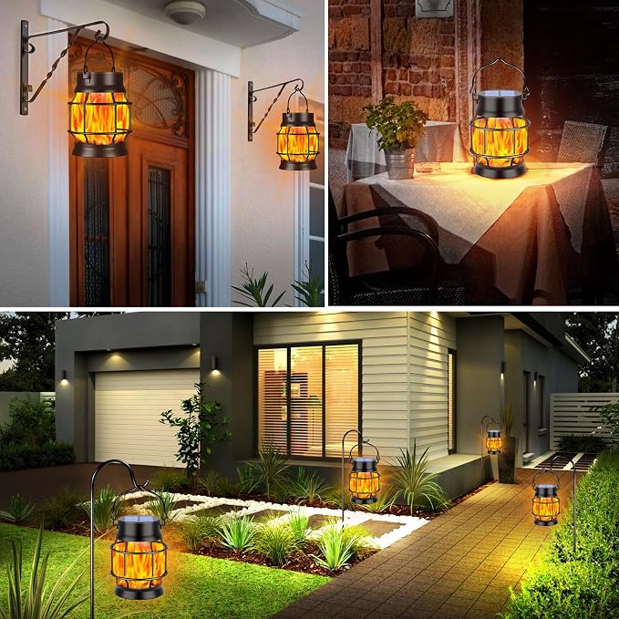 TomCare Solar Lanterns Flickering Flame Solar Lights Outdoor Waterproof Metal Hanging Lantern Lighting Solar Powered Lanterns for Decorative Outdoor Patio Porch Garden Lawn,4 Pack