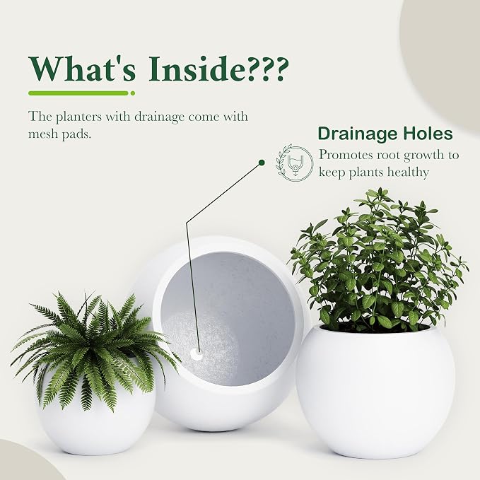 DTY Fiberstone Sphere Planter for Olive Trees, Large Round Globe Planter Indoor Outdoor, White, 70% Lighter Than Stone, Drainage Hole, 2 Coco Mats Included, Medium 16.1" D x 13.6" H