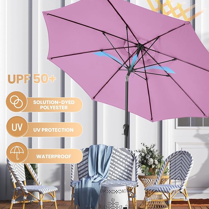 Ayge 9FT Large Outdoor Patio Umbrella Market Table Umbrella-UV Resistant, Easy Push Button Tilt and Crank, 8 Sturdy Fiberglass Ribs Heavy-Duty Pool Umbrella for Deck, Backyard,Garden,Purple