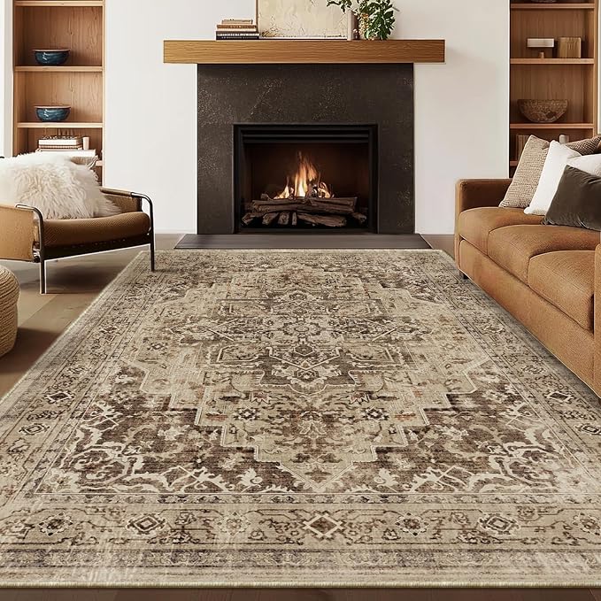 Distressed Brown Living Room Rug 6x9, Washable Non Slip Rug for Dining Room Under Table, Low Pile Thin Carpet Rugs for Den Bedrom Home Office, Vintage Medallion Earth Tone Taupe Brown Black