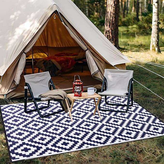 OLANLY Waterproof Outdoor Rug 8x10 ft, Outdoor Plastic Straw Rug for Camping, RV Mat Outside, Indoor Outdoor Carpet for Porch, Deck, Backyard, Balcony, Picnic, Navy & White