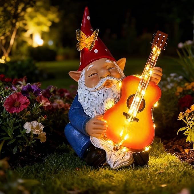 Funny Garden Gnome Statue Solar Hippie Gnomes Decorations Figurine Yard Ornament Gnome Playing Lighted Guitar LED Lawn Patio Porch Decor for Outdoor House Housewarming Gifts for Women