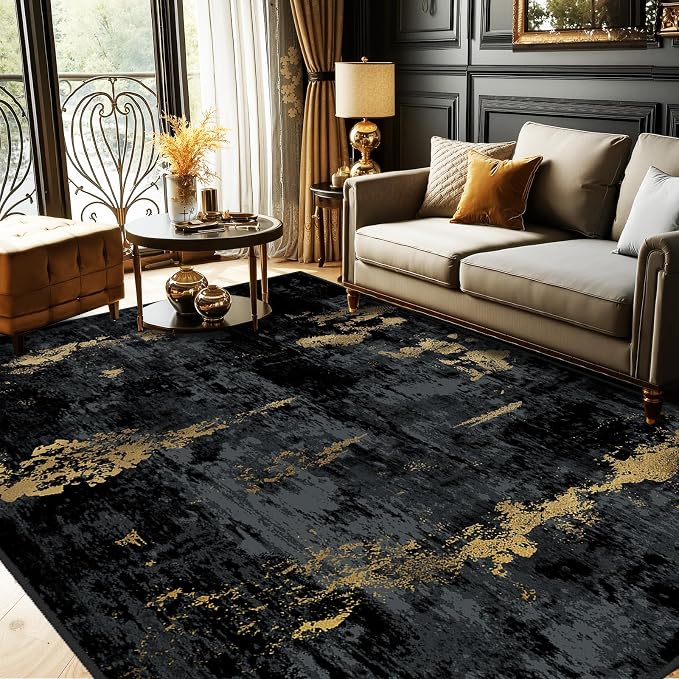 RELEANY Washable 10'x14' Abstract Area Rug for Living Room Black Gold | Carpet for Bedroom, Kitchen, Office, Hallway and Entryway, Printed Pattern, Non‑Slip, Soft, Stain‑Resistant, Easy to Clean