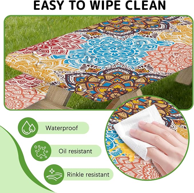 Picnic Table Cover with Bench Covers Elastic Edges, 3 Pcs Mandala Fitted Table Cover with Drawstring Bag, Waterproof Windproof Aesthetic Camping Tablecloth, Outdoor Camping Essentials 72 Inch