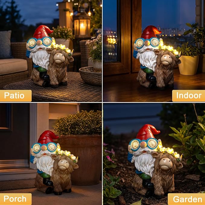 C&Y&G&X Solar Garden Gnome Statue with Highland Cow, Outdoor Solar Garden Decor with LED Lights, Waterproof Resin Yard Art Lawn Ornament for Patio Yard Porch, Gifts for Women Garden Lovers