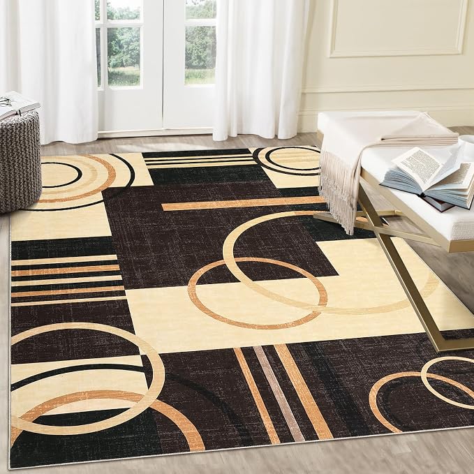 RUGSREAL Washable Rug 6x9 Abstract Circles Area Rugs Non Slip Floor Carpet | Contemporary Stain Resistant Soft Rug Low Pile Accent Rugs for Indoor Living Dining Room