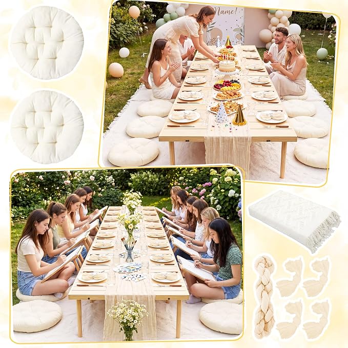 Beeveer 71x150'' Extra Large Outdoor Picnic Blanket with Beige Table Runner 12 Napkins and 12 Beige Floor Pillow Cushions for Picnic Party Camping Wedding Bachelorette Birthday Baby Shower Decor