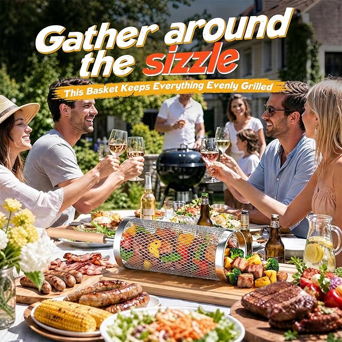 Rolling Grill Basket 2-Pack,304 Stainless Steel Grill Basket with Removable Wooden Handle,BBQ Tool & Smoker Accessory for Grill Rotisseries Veg & Shrimp,Ideal for Outdoor Cooking,Camping & Gifts for Dad/Husband/Men