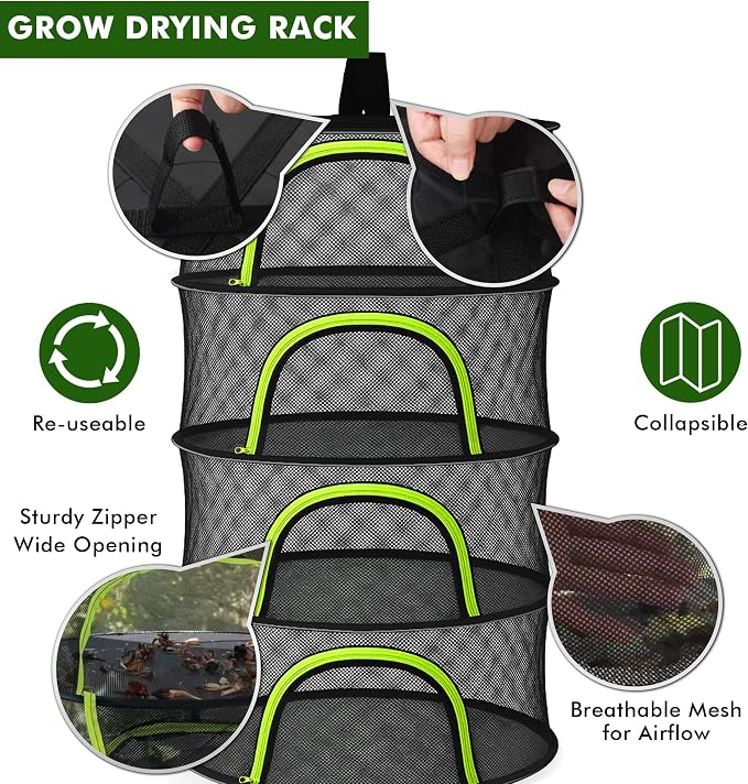 Herb Drying Rack Hanging Mesh 4 Layer 24" with Zipper, Garden Pruning Shear, Hook & Carabiner Clip for Drying Herbs, Plants, Seeds, Buds | Hydroponics & Grow Tents Herb Dryer Hanging Rack