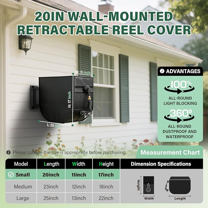 Garden Wall Mounted Retractable Hose Reel Cover, 420D Oxford Waterproof Dust Cover, Universal Fit for Giraffe 1/2 78FT, Ayleid, Glahoden, Gardena, SUNPOW, Relhost, SILVEL and More
