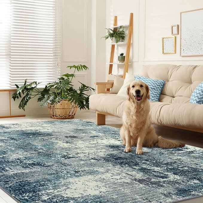 Lahome Abstract 8x10 Area Rugs,Washable Blue Grey Living Room Rug Non-Slip,Low-Pile Soft Modern Bedroom Floor Carpet Indoor for Dining Room Kids Playroom (Teal/Blue)