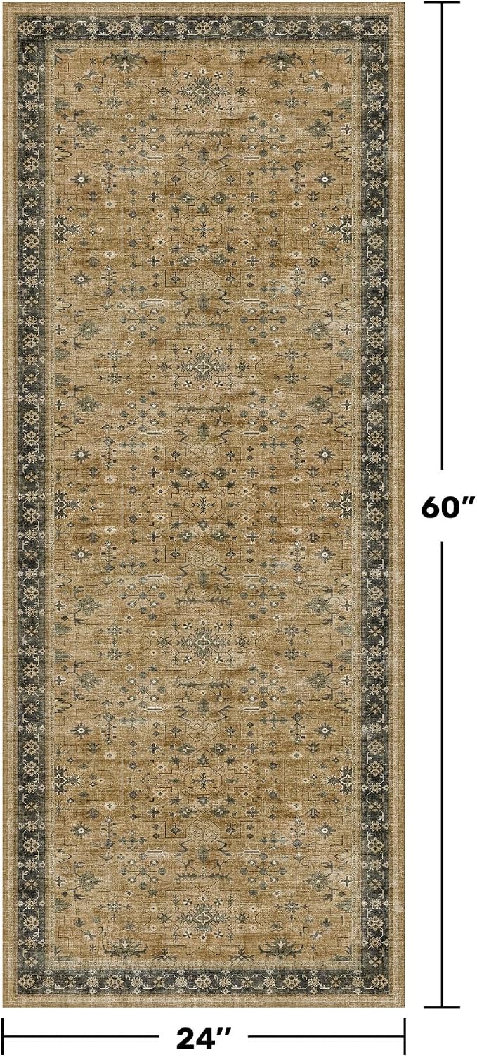 Soft 2x5 Indoor Entryway Floor Mat, Small Runner Rug for Mudroom Kitchen and Bathroom, Non-Slip Low-Pile Washable Stain Resistant, Vintage Rustic Brown and Charcoal Olive Décor