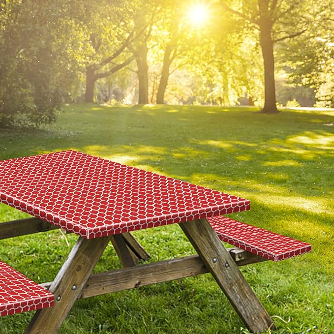 6ft Picnic Table and Bench Cover, Camping Essentials RV Gear, 72 in Waterproof Windproof Outdoor Elastic All Around Tablecloth, Fitted Rectangle Tables and Seats, Red-White Moroccan