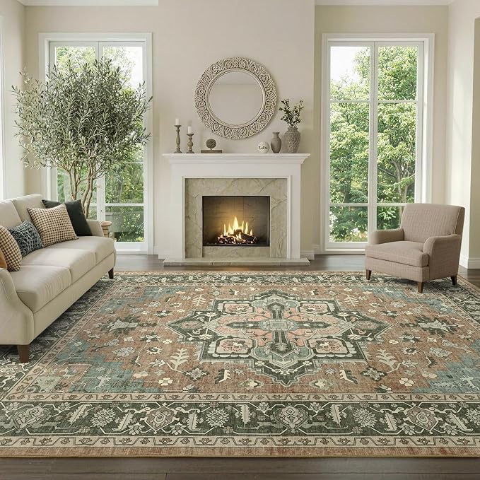 6x9 Ft Large Area Rugs for Living Room, Soft Non-Slip Machine Washable Rug, Vintage Stain Resistant Carpets for Bedroom Nursery Dining Room Home Decor (Brown)