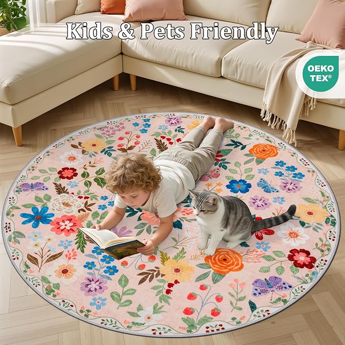 PLHXFR Round Area Rug Living Room: 4 ft Floral Washable Soft Carpet Beige | For Bedroom Dining Room Farmhouse Nursery Hallway,Vintage Floral,Machine washable,Non Slip,Stain Resistant,Large Indoor