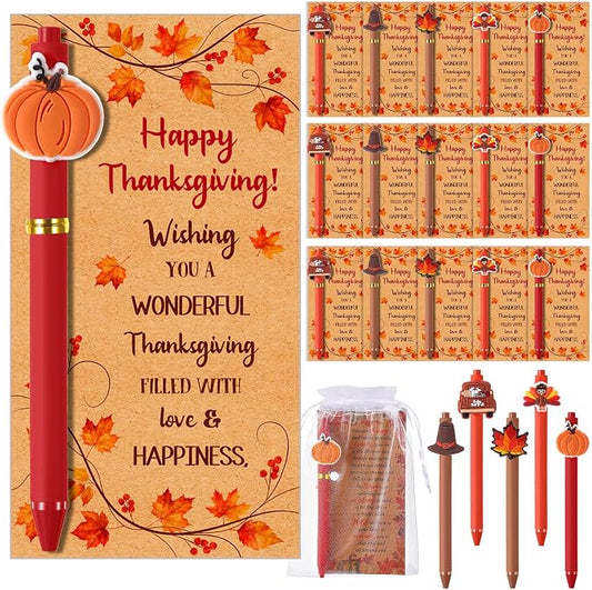 Marspark 30 Sets Thanksgiving Gifts Bulk Fall Ballpoint Pens and Thanksgiving Greeting Cards with Bags Twist Ties Autumn Maple Leaves Pumpkin Turkey Gifts for School Office Coworker Employee Favor
