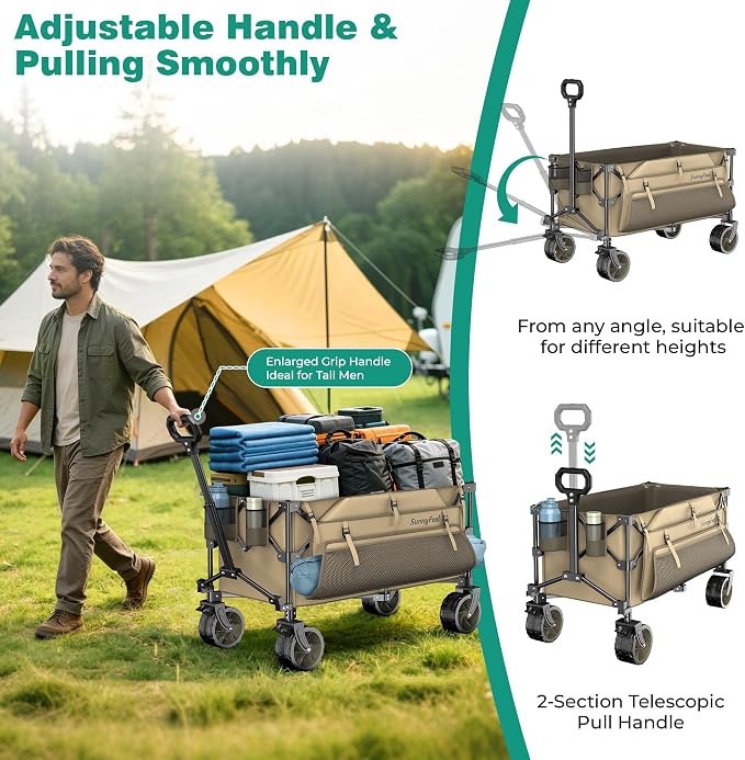 SUNNYFEEL 300L Wagon Cart Foldable - 550LBS Heavy Duty Collapsible Wagon with Big All-Terrain Wheels & Brakes, Extra Large Folding Utility Wagon for Camping, Grocery, Shopping, Sports, Beach, Khaki