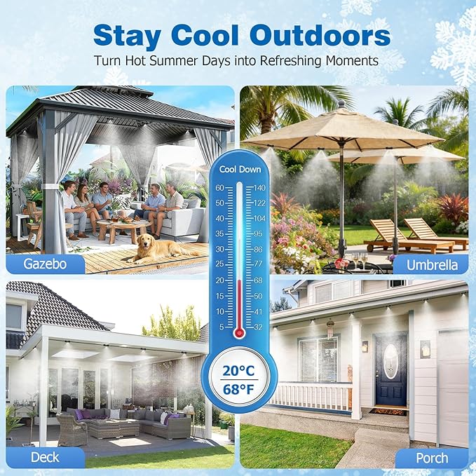 Mellbree Misters for Outside Patio 100FT/30M, Pre-Assembled Misting Cooling System with 30 Brass Nozzles & 3/4" Adapter, Outdoor Mister for Garden, Backyard, Livestock Ranch, Greenhouse, Pool Area