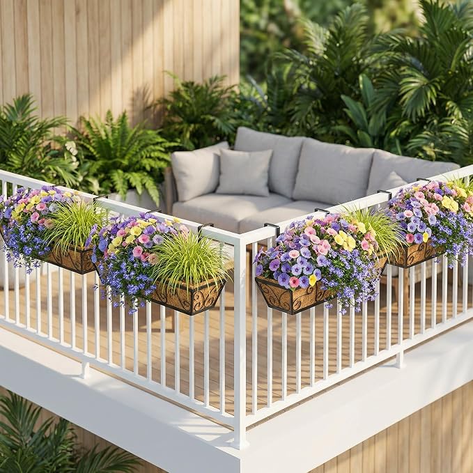 4PCS 30 Inch Railing Planter with Adjustable Brackets, Window Box with Coco Liner, Hanging Flower Box for Balcony Deck Fence, Metal, Black