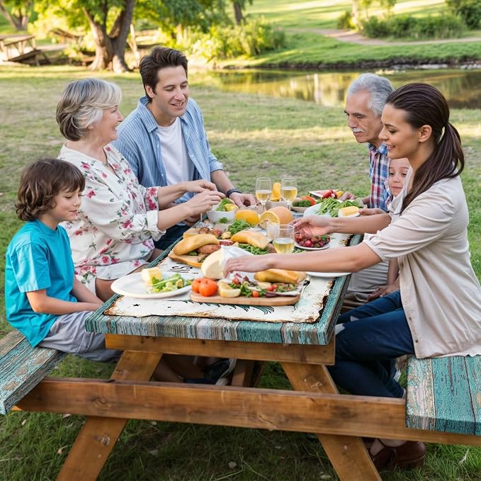 Picnic Table Covers with Bench Covers Camping Tablecloth Fitted Picnic Table Cover with Elastic Windproof Waterproof, Camping Accessories Outdoor, 96In 3PCS