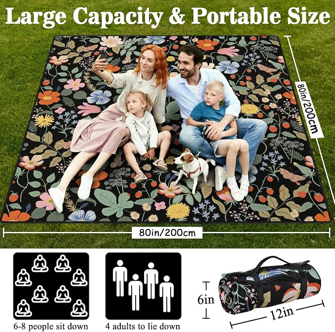 Picnic Blankets Waterproof Foldable Extra Large,80"x 80" Outdoor Beach Blanket Sandproof,3-Layer Lightweight Handy Mat Tote Picnic Camping Rugs for Outside Your Rv (Strawberry Floral)
