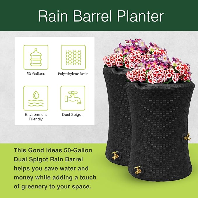 Good Ideas Impressions 50 Gallon Nantucket Outdoor Home Rain Barrel Water Storage Collector with Garden Planter and Brass Spigot, Dark Brown