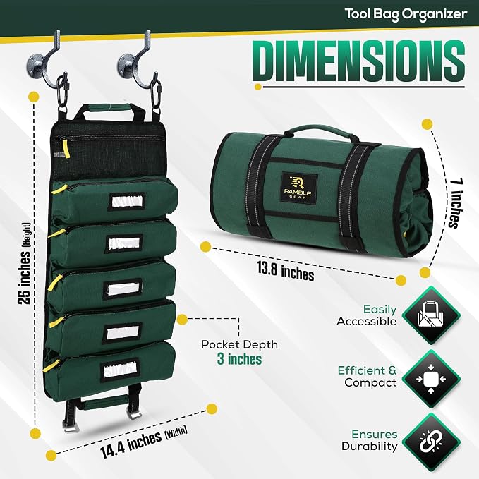 Roll Up Tool Bag Organizer – Heavy Duty Canvas Tool Roll Bag, Tool Roll Up with 5 Oversized Labeled Pockets & Carabiners, Portable Roll Up Tool Organizer for Mechanic, Truck & Car (Green)