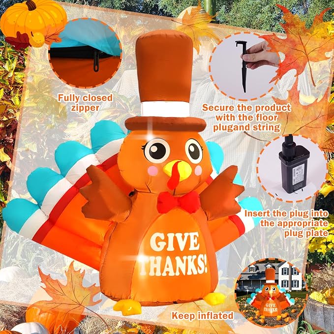 6FT Thanksgiving Inflatable Outdoor Decoration Turkey Inflatable Patio Decoration with Built-in LED Lights, Suitable for Thanksgiving Holiday Party, Patio, Lawn, Garden Winter Decoration