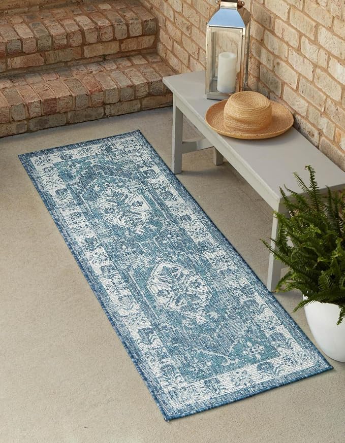 Unique Loom Outdoor Traditional Collection Area Rug - Valeria (2' x 6' 1" Runner, Blue/ Ivory)