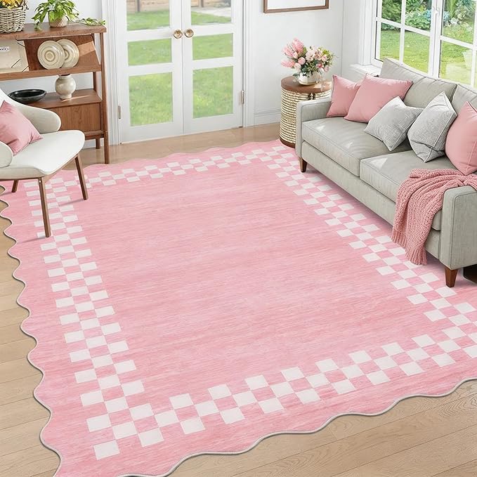 GarveeHome Washable Rug 5x7 for Living Room Large Bedroom Scalloped Rug | Non Slip Stain Resistant Modern Border Throw Carpet Soft Neutral Rug for Dining Room Nursery Home Office, Pink