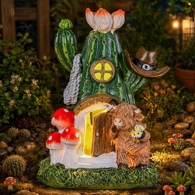 Fairy House Outdoor Figurine Lights, Highland Cow Garden Statue and Solar Cactus Mushroom House for Yard Patio Lawn Decor, Fairy Houses for Outside, Unique Garden Gifts for Women Mom