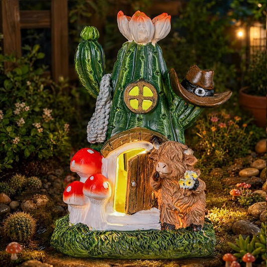 Fairy House Outdoor Figurine Lights, Highland Cow Garden Statue and Solar Cactus Mushroom House for Yard Patio Lawn Decor, Fairy Houses for Outside, Unique Garden Gifts for Women Mom