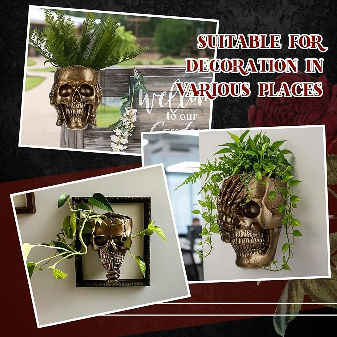 3 Pcs Skull Planter Skeleton Wall Hanging Planter Pot Gothic Spooky Head Face Flower Pot Garden Decor for Festival Party Indoor Outdoor Plants Home Garden Office Decorations(Gold)