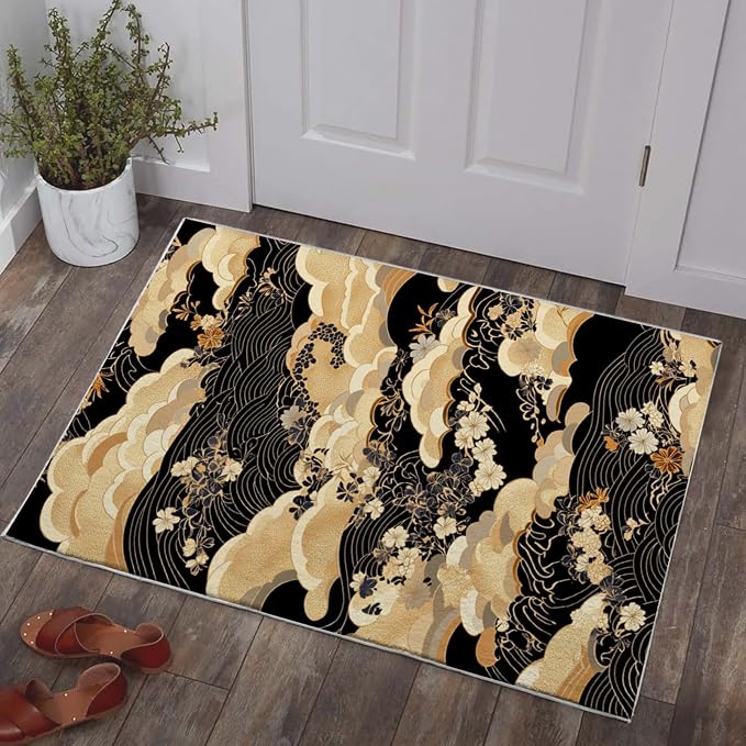 2x3 Black Area Rugs Boho Japanese Rug for Bathroom Kitchen Entryway Indoor Soft Non-Slip Thin Carpet Modern Abstract Rugs for Office Dining Room Under Table Washable Machine