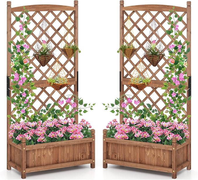 Giantex Raised Garden Bed with Trellis Set of 2, 60” Wooden Planter Container w/Drainage Holes, High Trellis for Plant Flower Climbing Pot Hanging, Indoor Outdoor Planter Box for Yard Garden Balcony