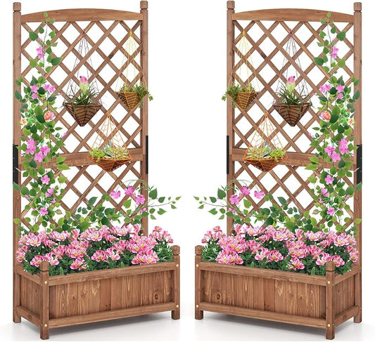 Giantex Raised Garden Bed with Trellis Set of 2, 60” Wooden Planter Container w/Drainage Holes, High Trellis for Plant Flower Climbing Pot Hanging, Indoor Outdoor Planter Box for Yard Garden Balcony