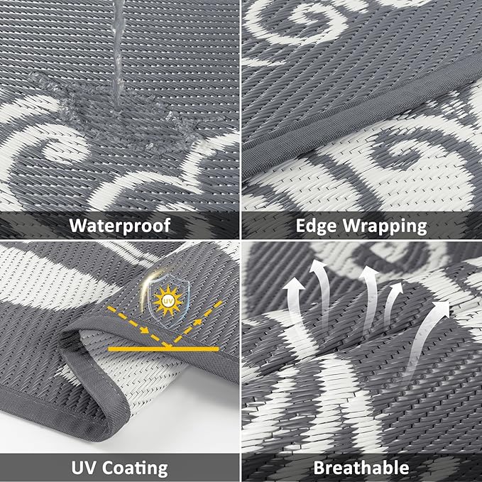 Pauwer Waterproof Outdoor Rug 8ft, Reversible Plastic Straw Patio Camping Rug, Indoor Outdoor RV Mat Carpet for Deck, Camper, Porch, Balcony, Backyard, Picnic, Paisley Grey