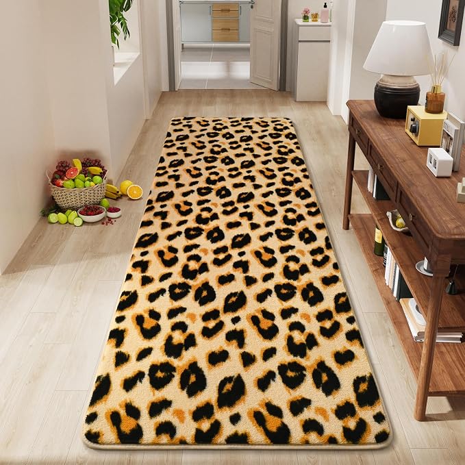 Amearea Soft Leopard Runner Rugs, 2x6 Cheetah Print Bedroom Bedside Rugs | Washable Fluffy Indoor Animal Runner Rug Carpet for Entrance Kitchen Kids Teen Room Living Room Decor, Khaki