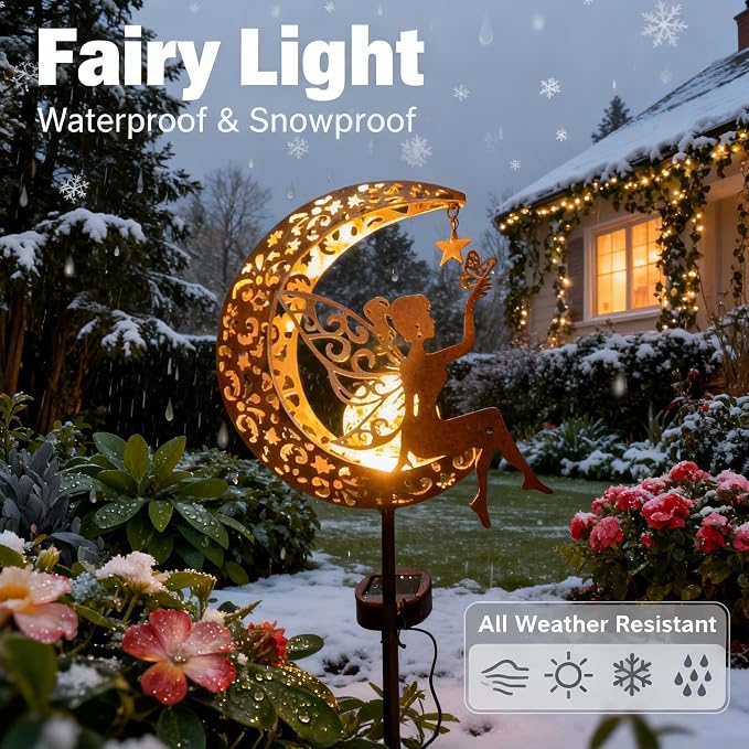 Solar Moon Fairy Garden Stake Light, Outdoor Waterproof Metal Yard Art with Crackle Glass, Decorative Solar Pathway Lights for Patio Lawn, Gift for Housewarming Mother's Day for Mom Women