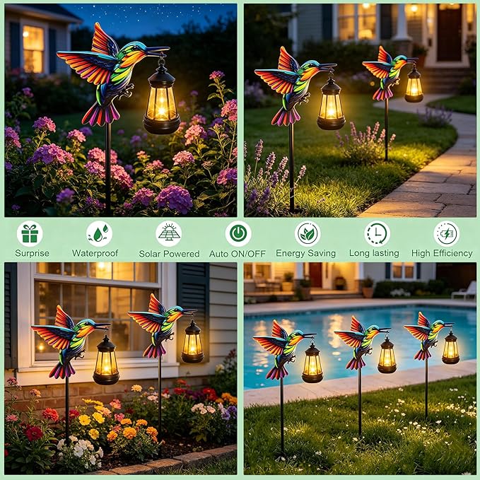 2 Pack Hummingbird Solar Garden lights Outdoor Waterproof, Gifts for Women Mom Grandma Daughter, Stake lights with Solar Lantern, Hanging Solar Lights, Solar Path Light Yard Outside Patio Garden Decor
