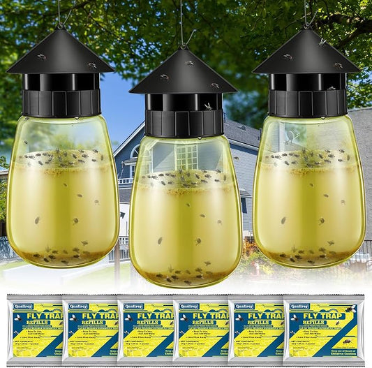 Qualirey Reusable Outdoor Hanging Fly Trap Bottles with Bait Refill, Non Toxic Flies Trap Jar, Fly Catcher Killer Flying Control for Outside Farms, Stables, Barns, Garden, Patio (3 Pack,Design)