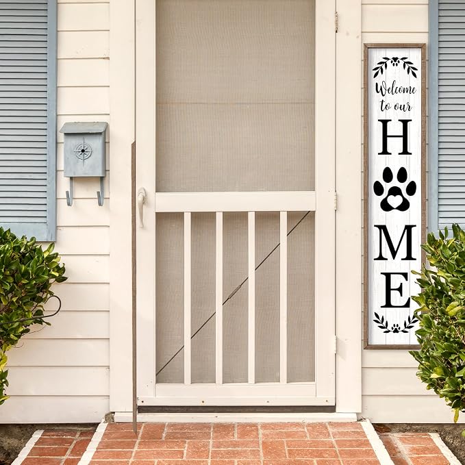 Welcome To Our Home Sign For Front Porch Standing 45"X9" Wooden Framed Dog Paw Welcome Print Large Farmhouse Rustic Long Outdoor Tall Vertical Home Front Door Wall Decor (Wood White)