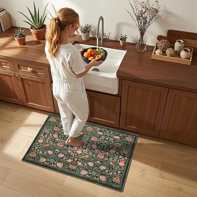 GarveeHome Dark Green Floral Washable 2x3 Rug for Entryway Small Door Mat | Kitchen Bathroom Girls Bedroom Dorm Rug Vintage Boho Rugs Low-Pile Non-Slip Stain Resistant TPE Backing